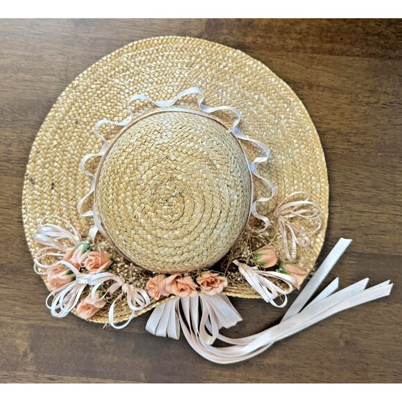 Unbranded Other - Straw Hat with Peach Flowers, Ribbons Grannycore Cottagecore Wall Decor
